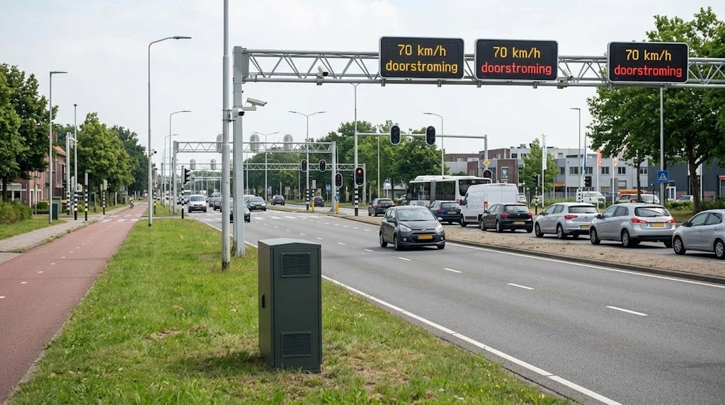 Urban arterial with coordinated traffic signals and overhead variable message signs