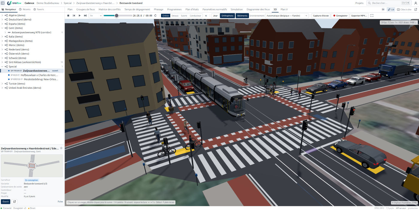 Cadence showing a 3D simulation of a signal-controlled intersection with a tram, cyclists, pedestrians and cars