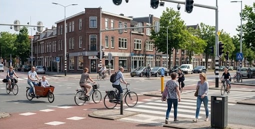 Cyclists and pedestrians using a signalised crossing