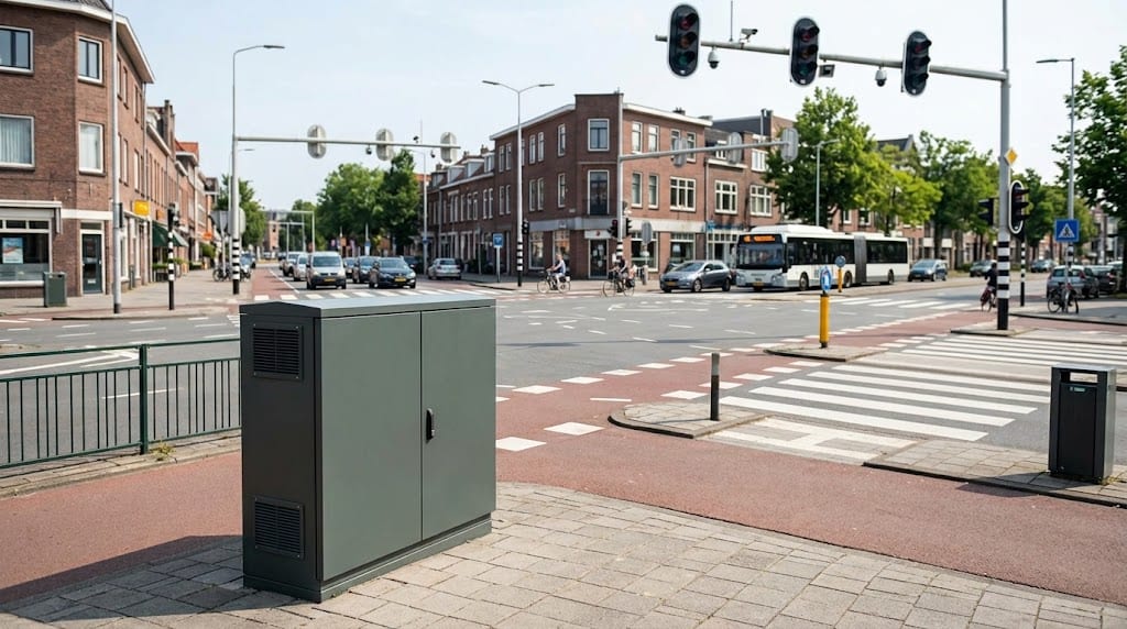 Traffic signal controller cabinet at an urban intersection with signal heads, cycle lanes and a bus