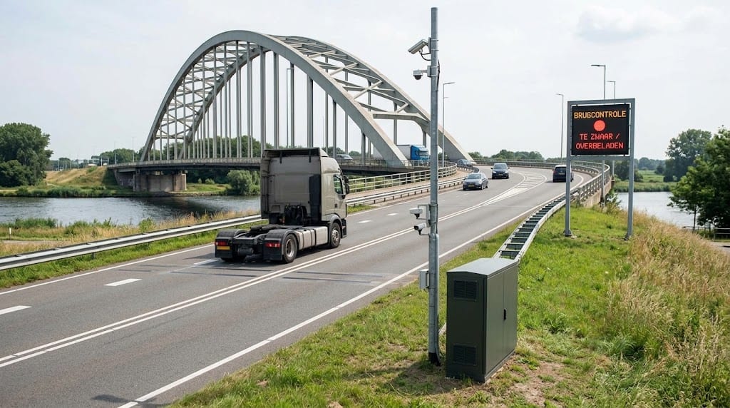 Truck approaching a bridge, with weigh-in-motion sensors, camera mast and a bridge-control overload sign